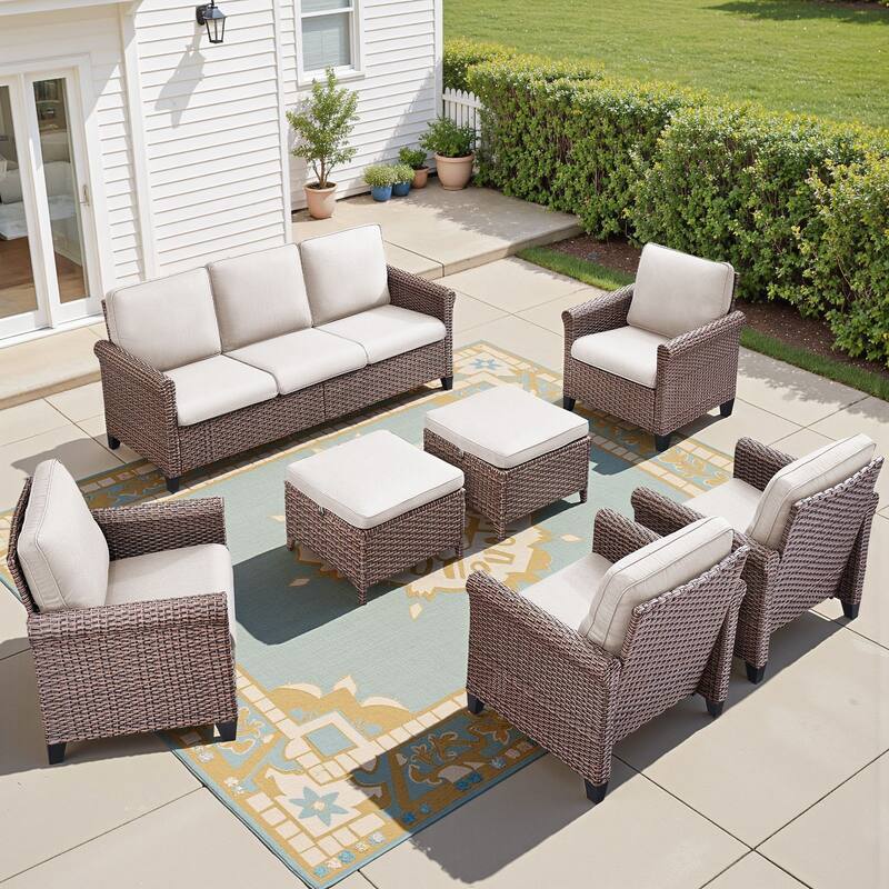 Pocassy Outdoor Sofa Swivel Chairs Patio Chair Funiture Set - 7PCS Sofa Patio Chair w/ Ottoman - Brown Wicker Blue Cushion