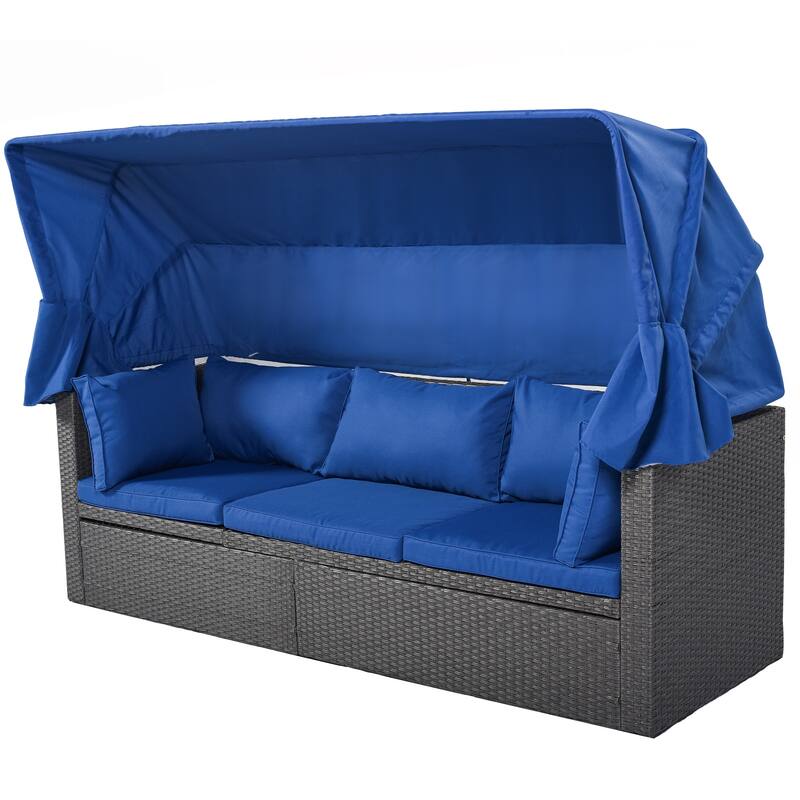 4-Pieces Outdoor Patio Rattan Daybed Sunbed Set with Retractable Canopy, Lift Table, and Adjustable Seat
