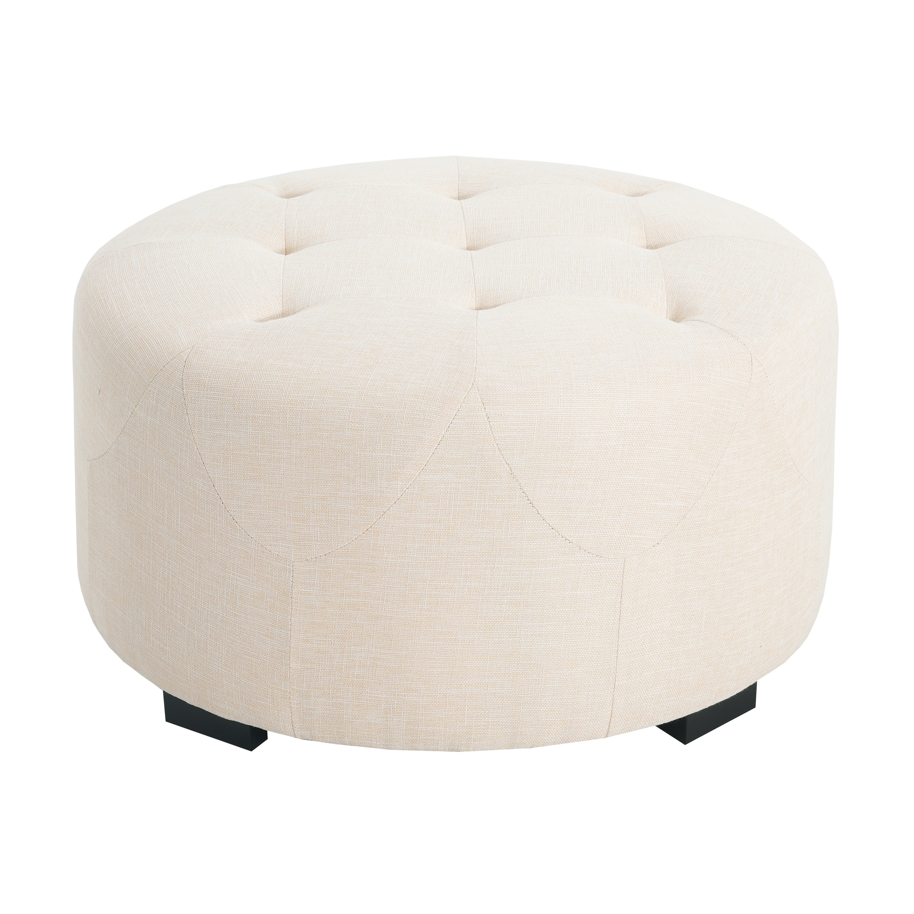 Small Button-Tufted Round Ottoman - Beige Compact Upholstered Accent