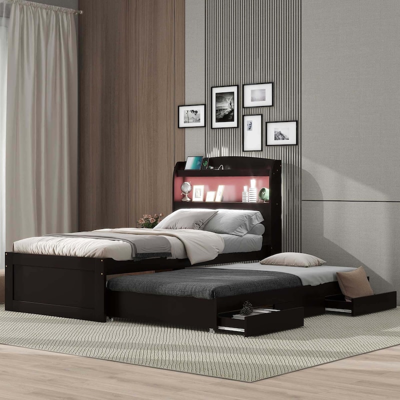 Platform Bed with Storage LED Headboard - Dark Brown - Twin XL