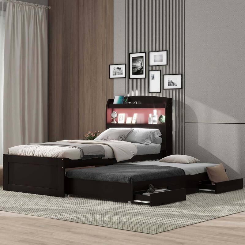 Twin XL Size Platform Bed with Storage LED Headboard, Charging Station