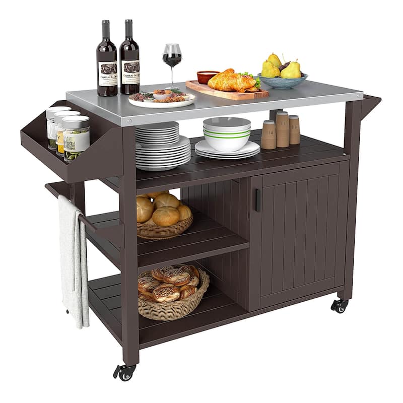 Costway Outdoor Grill Cart Movable Prep Table with Storage Cabinet - See Details - Brown + Silver - Kitchen Cart