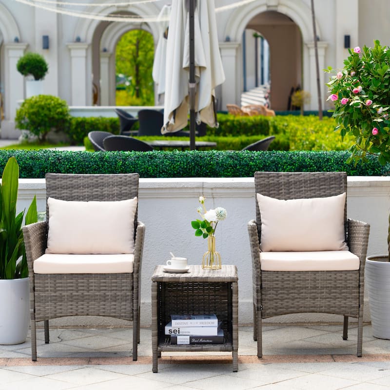 3 Piece Patio Conversation Bistro Set Outdoor Chat Furniture,Wicker Chairs and Storable Table Set,Porch Balcony Furniture Set