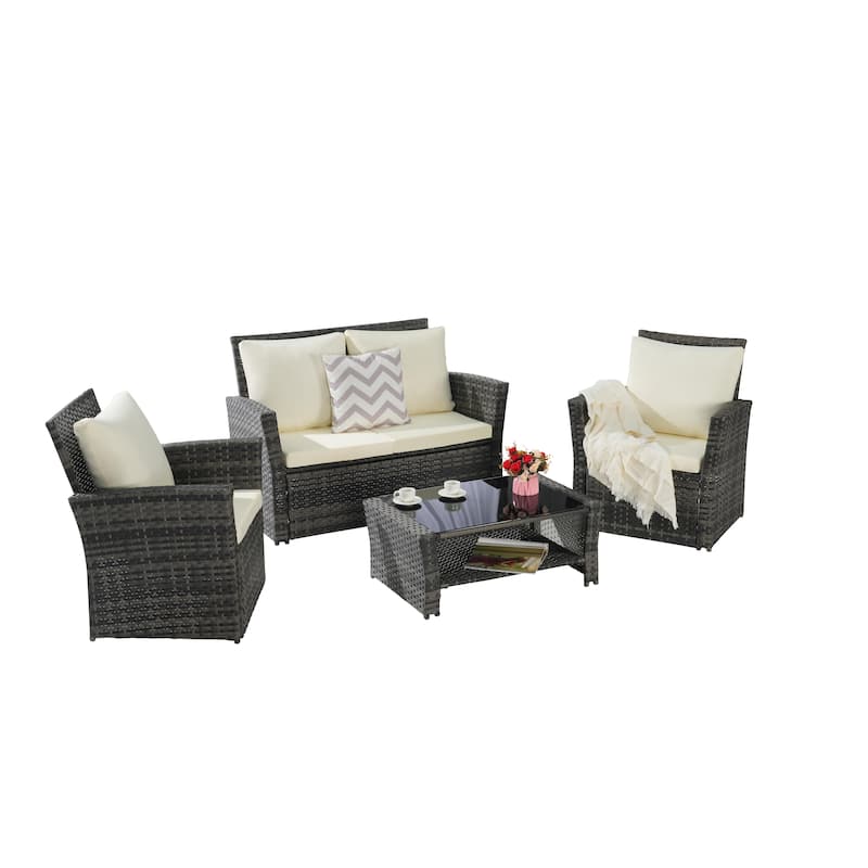 4-Piece Outdoor Patio Rattan Conversation Sofa Set with Tempered Glass Coffee Table