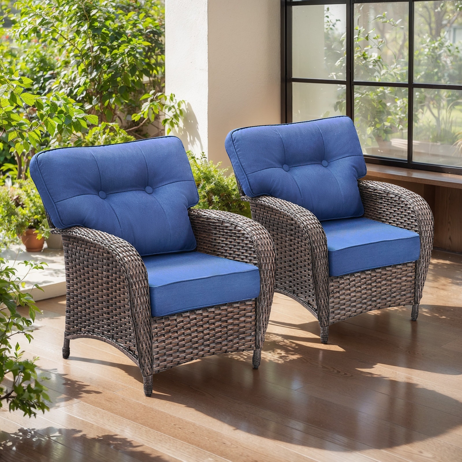 Meyreso Brown Wicker Patio Armchairs with 5-Inch Thick Cushions (2-Pack)