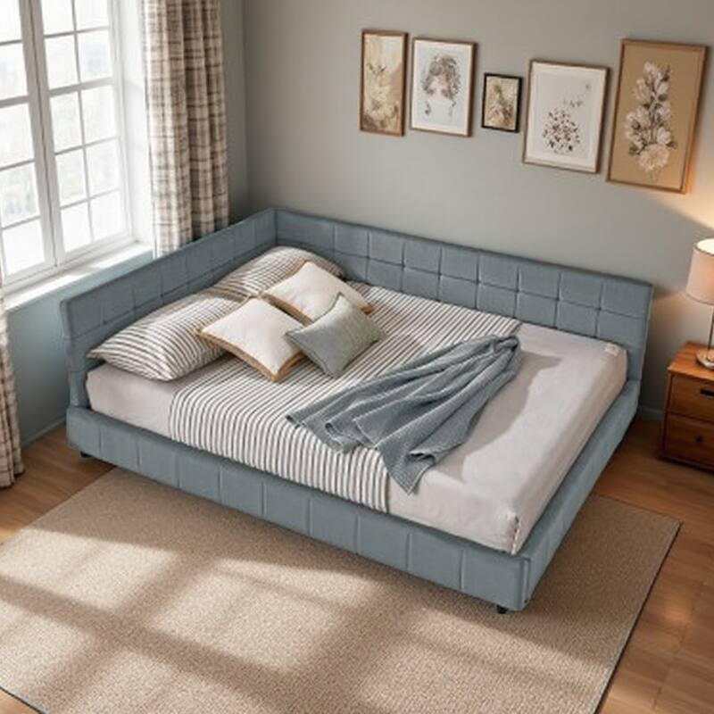 Mid-Century Velvet Queen Daybed with Tufted Backrest and Armrest, Convertible Sofa Bed Frame, Sturdy Upholstered Platform - Grey