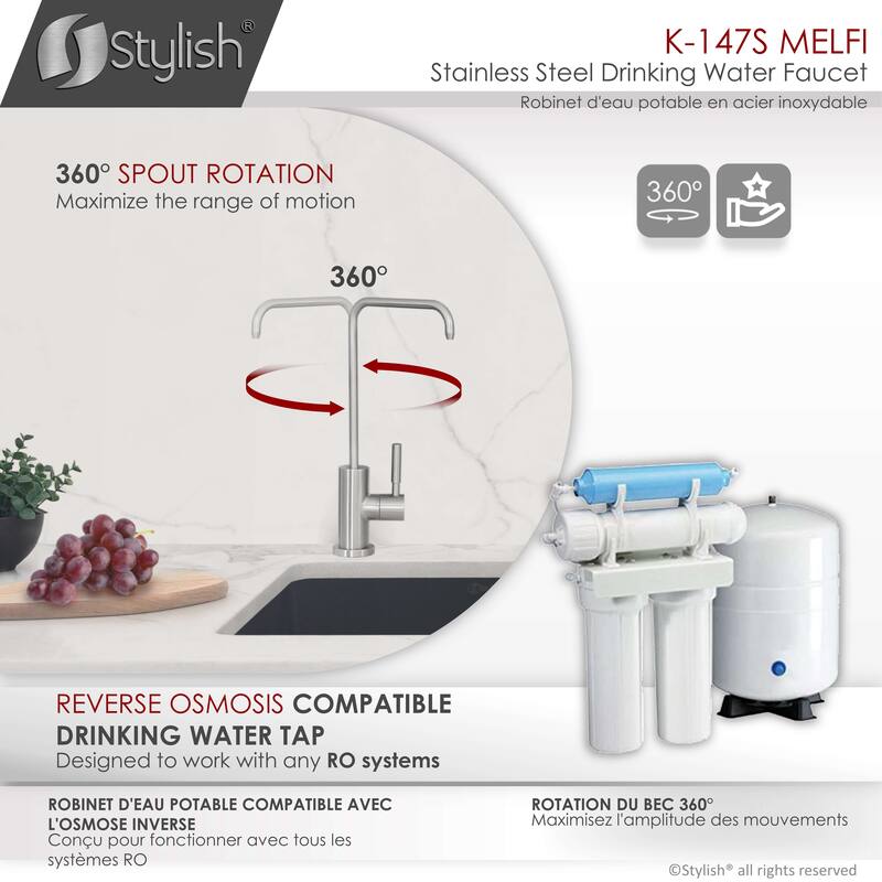 STYLISH Kitchen Sink Drinking Water Tap Faucet in Stainless Steel - Faucet Height: 10 1/2" | Spout Height: 9"