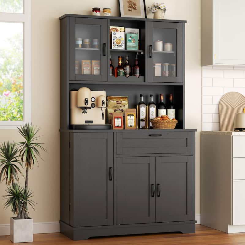 3-Door Storage Cabinet with Drawer & Adjustable Shelves - Freestanding Storage Organizer for Kitchen, Pantry, or Dining Room - Black