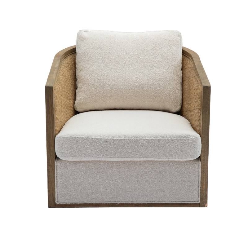 Swivel Barrel Chair with Rattan Design, Leather Accent Sofa Chair, Club Chair with Pillow, Leisure Arm Chair for Living Room