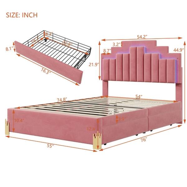 Pink Full Size Velvet Upholstered Platform Bed - 4 Drawers, 16 Colors & 4 Patterns RGB Lights, Irregular Metal Bed Legs
