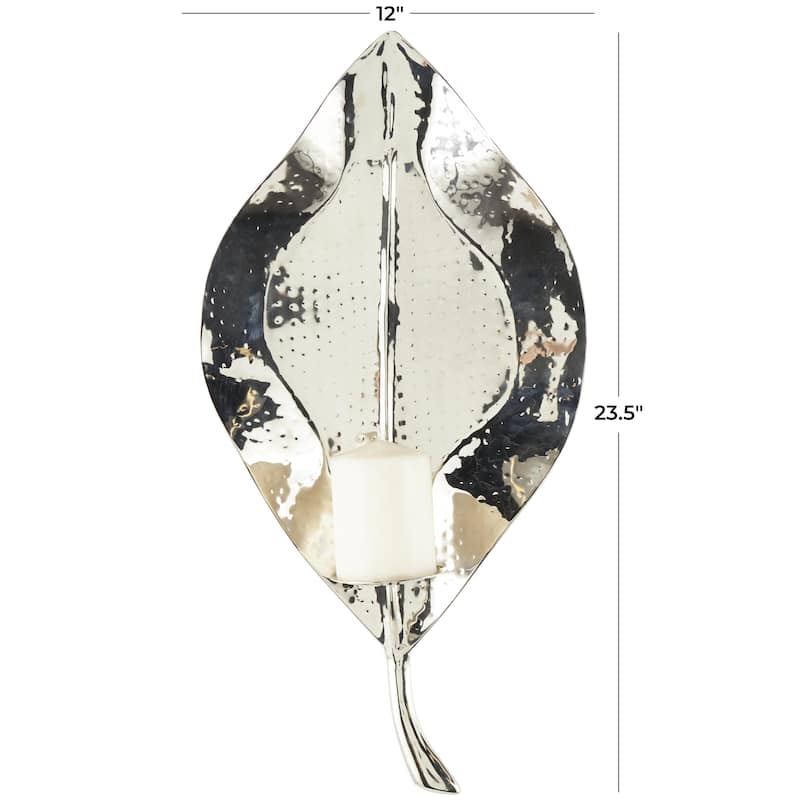 Stainless Steel Metal Leaf Wall Sconce with Hammered Design - Silver - Roche River Decor