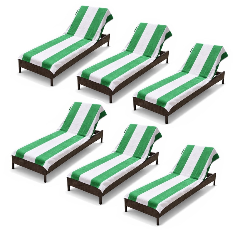 100% Cotton Cabana‑Stripe Lounge Chair Cover Terry Towel with Fitted Pocket & Back Flap Set of 6