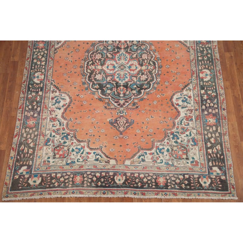 Hand Knotted Oriental 100% Wool Carpet Traditional Floral Oranges & Rust Tabriz Area Rug - 9' 3'' X 6' 8''