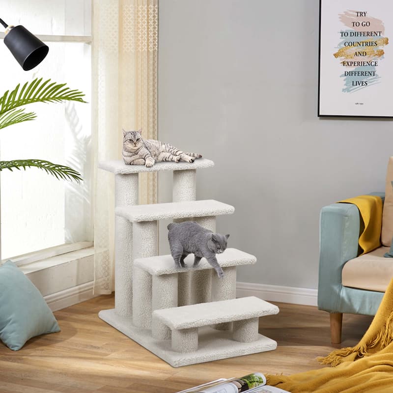 24'' Pet Stair Carpeted Ladder Ramp 8 Scratching Post Cat Tree Climber - 4-step