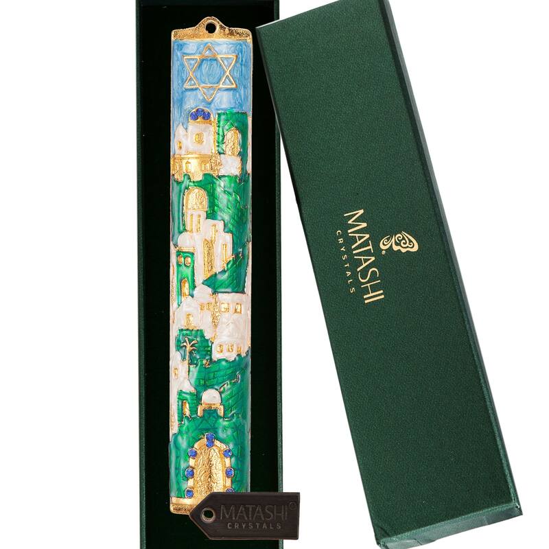 Matashi Hand Painted 5.5" Blue and Ivory Enamel Jerusalem Cityscape Mezuzah Embellished with Gold Accents and Star of David