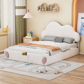 Queen Size Cloud-Shaped Headboard Upholstered Platform Bed with Rounded Footboard and Convenient Pocket for Storage, Beige