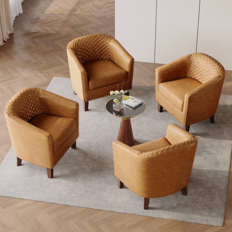 Axia 4 Set Modern Faux Leather Barrel Accent Chairs with Wood Legs