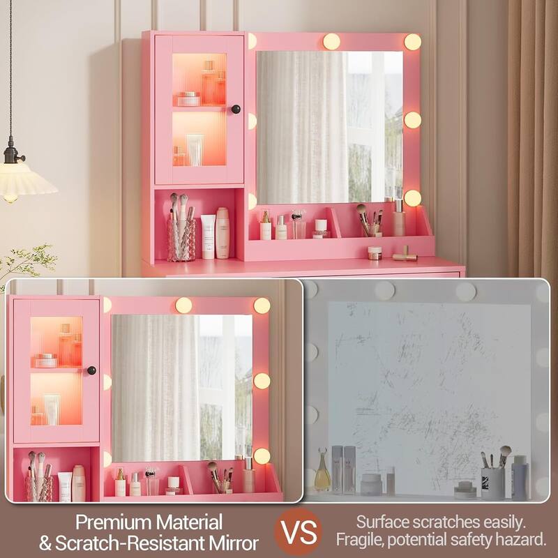 Vanity Desk, Makeup Dressing Table with LED Lights, Mirror, Built-in Outlets & USB Ports