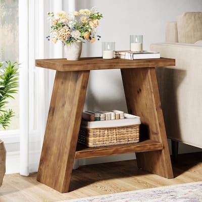 Solid Wood 2-tier Narrow Side End Table for Living Room - 11.81"D x 23.62"W x 23.62"H