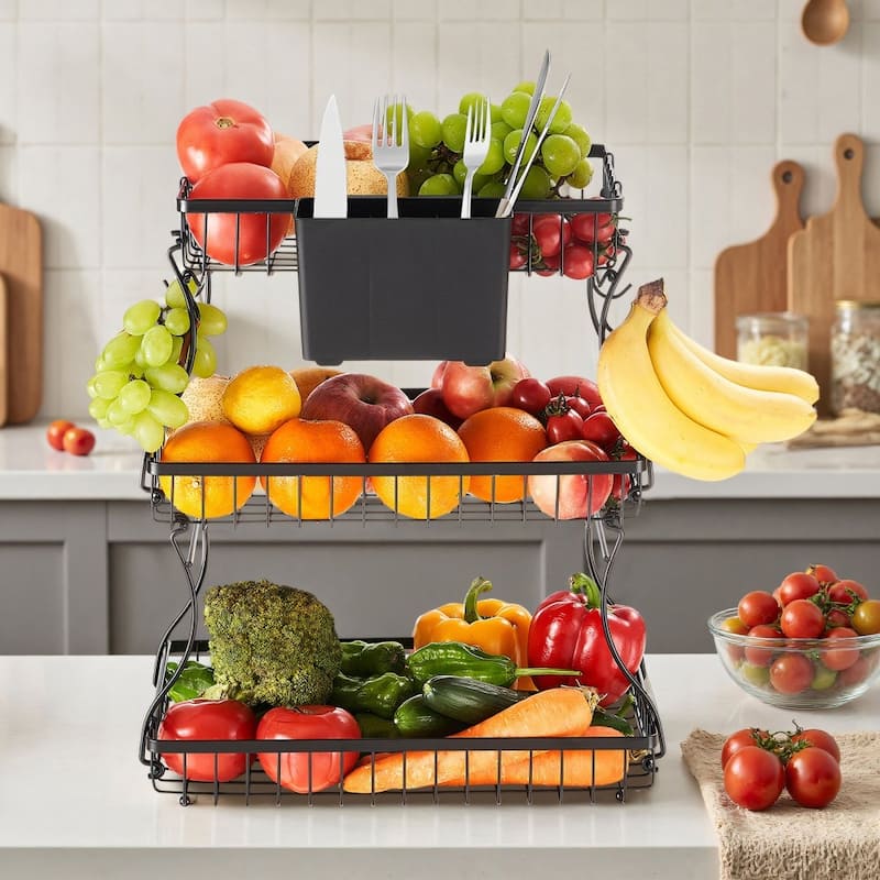 Kitchen Countertop Fruit Storage Rack 3-Tier Matte Black Wire Basket with Side Storage Pouches - 15.16” x 9.06” x 17.91”