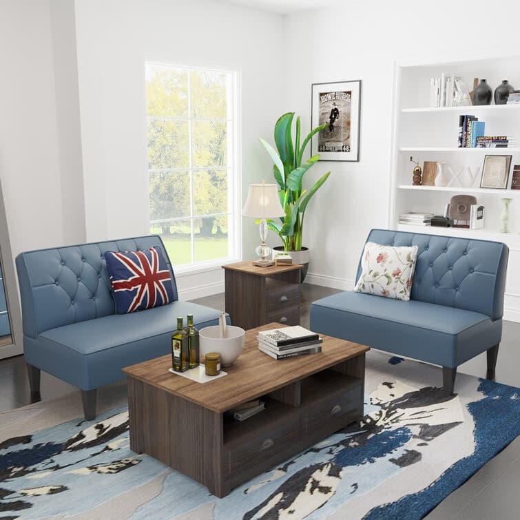 Settee Loveseat Bench, Modern Cushioned Linen Armless Sofa Upholstered Sofa Backrest Buckle Couch Banquette Bench