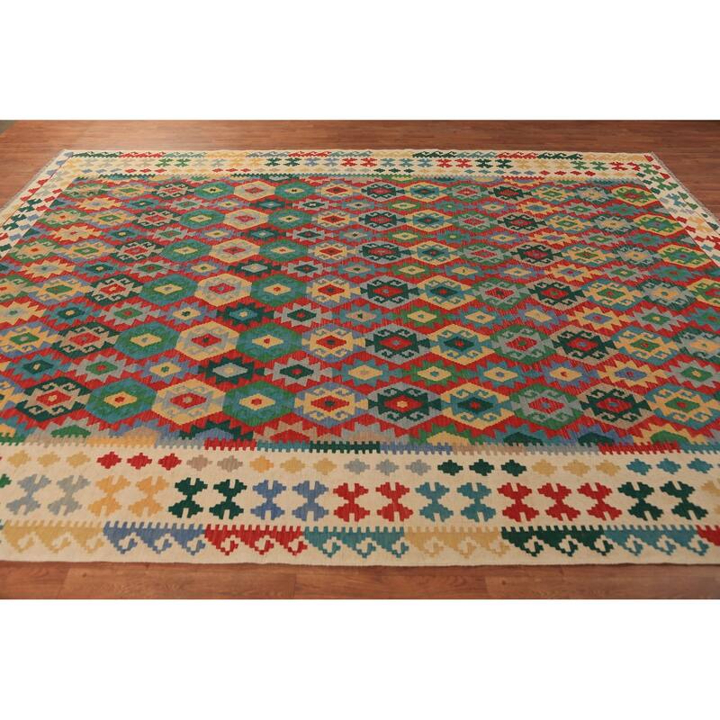 Geometric Multi-Color Kilim Reversible Area Rug Flatweave Wool Carpet - 8'0"x 11'3"
