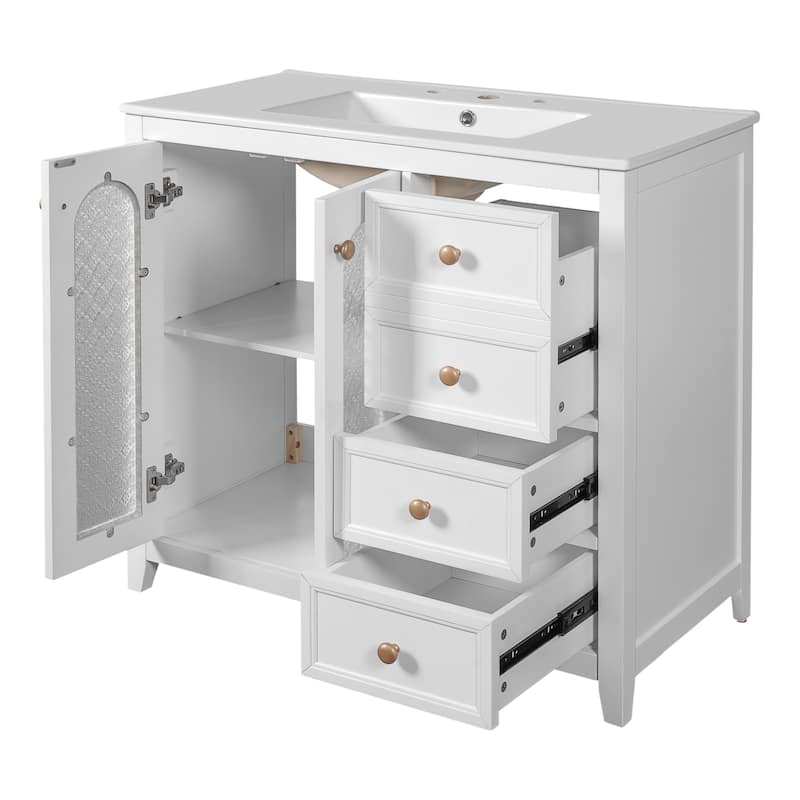 Bathroom Vanity Storage Cabinet with Translucent Embossed Glass Doors, 2 Drawers, Adjustable Shelves and Soft Close Design
