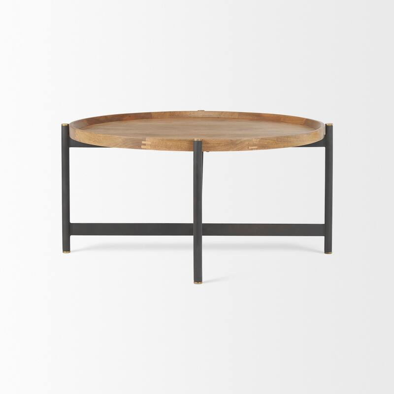 Marquisa Medium Brown Solid Wood w/ Black Iron Frame 34" Round Coffee Table - 34"L x 34"W x 16.5"H