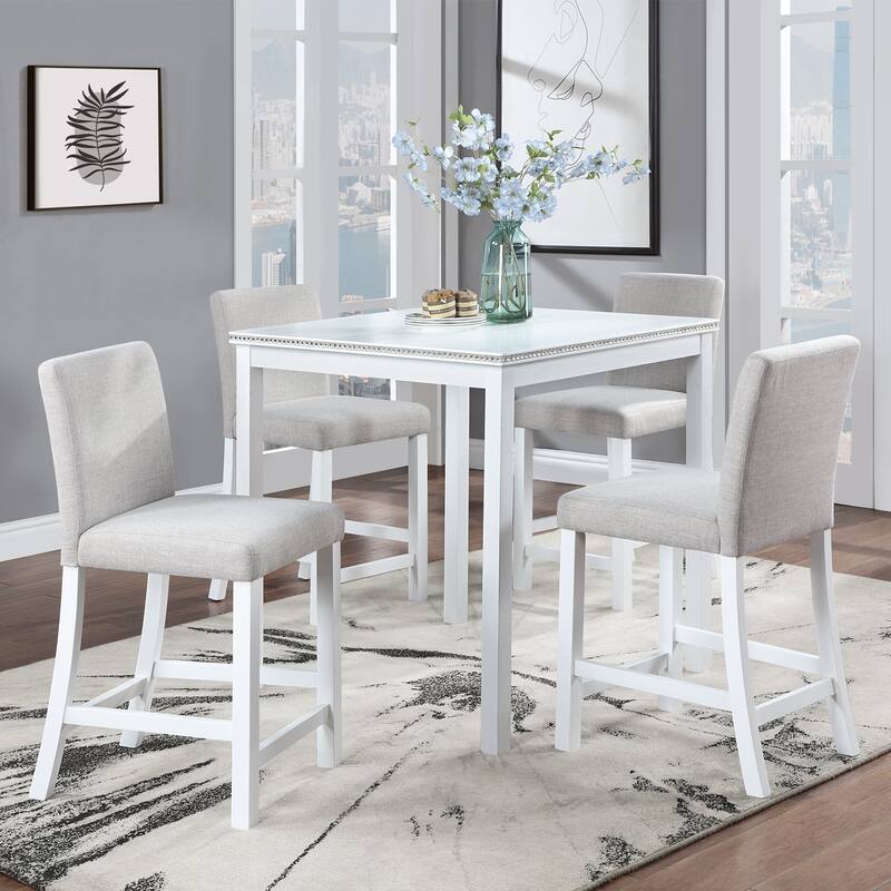 Modern 5-Piece Dining Set with Square Counter Height Table & 4 Upholstered Chairs - Beige+White