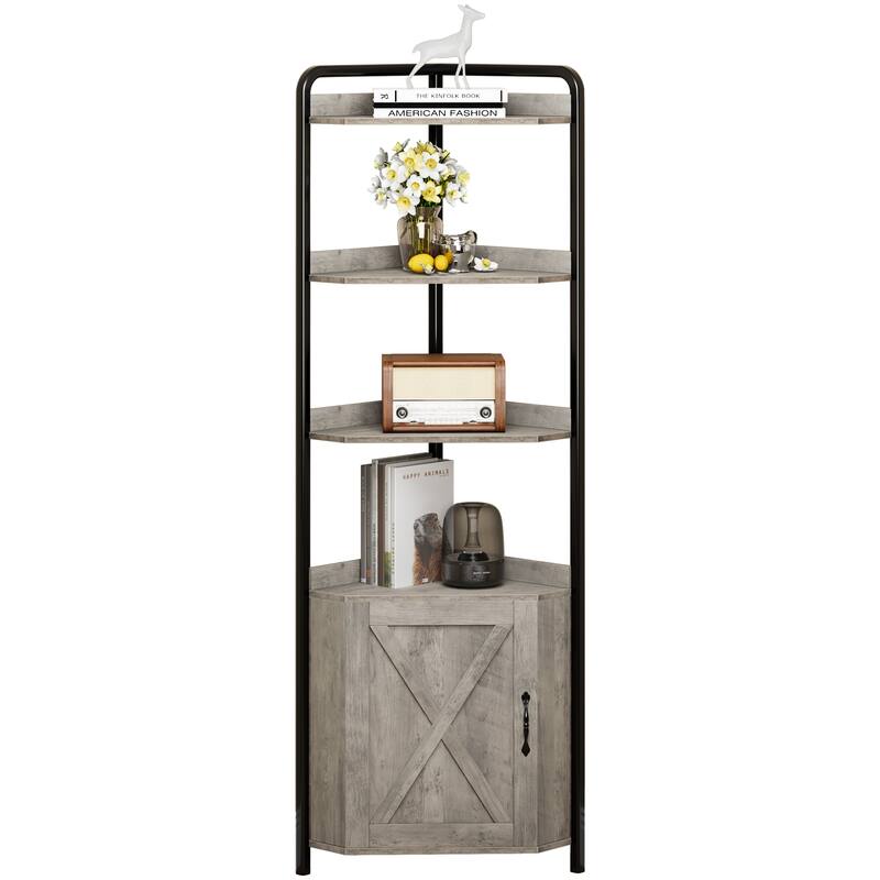 Corner Shelf with Cabinet Grey Standing Rack Tall Corner Bookcase