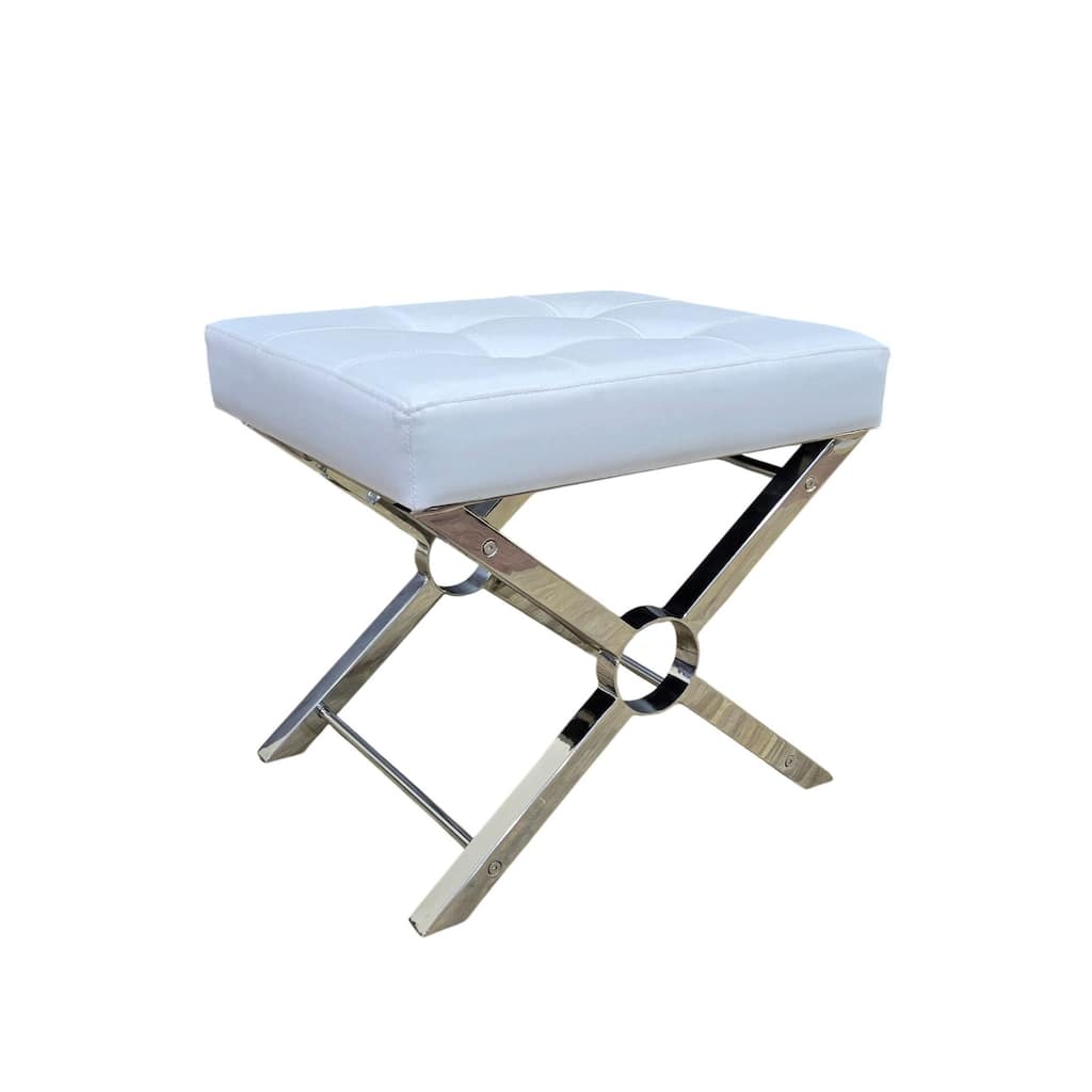 Modern X-Frame Stool - Chrome Steel Base, White Faux Leather Cushion, Soft Seat Vanity Bench
