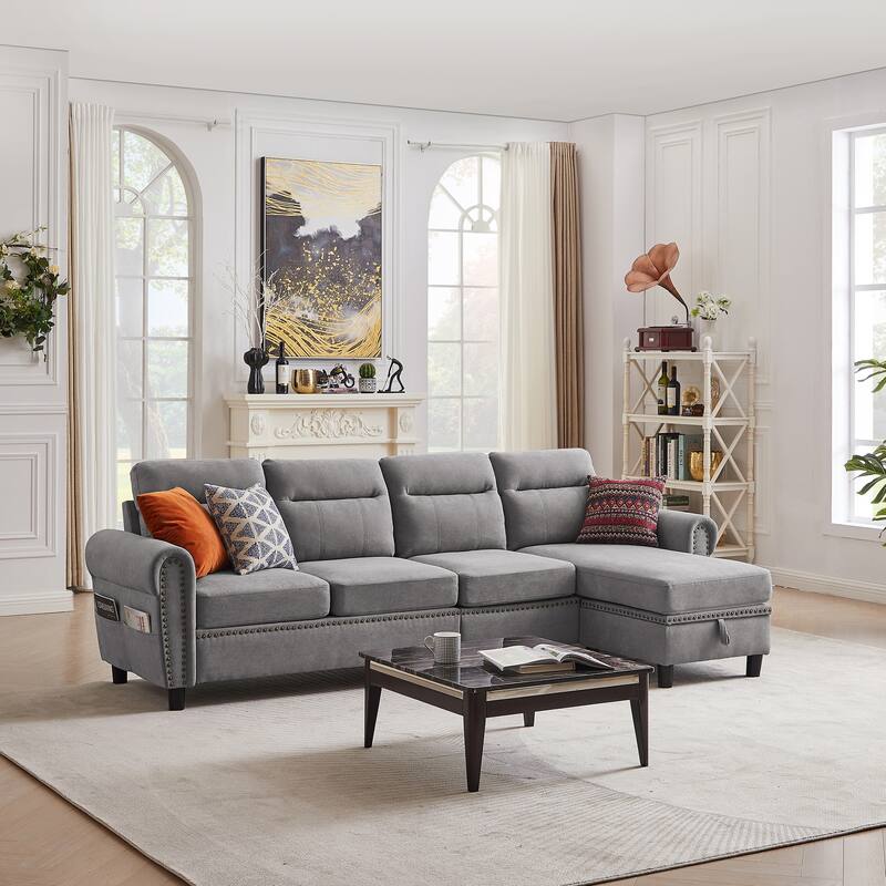 4 Seater L Shaped Reversible Sectional Sofa with Storage Ottoman