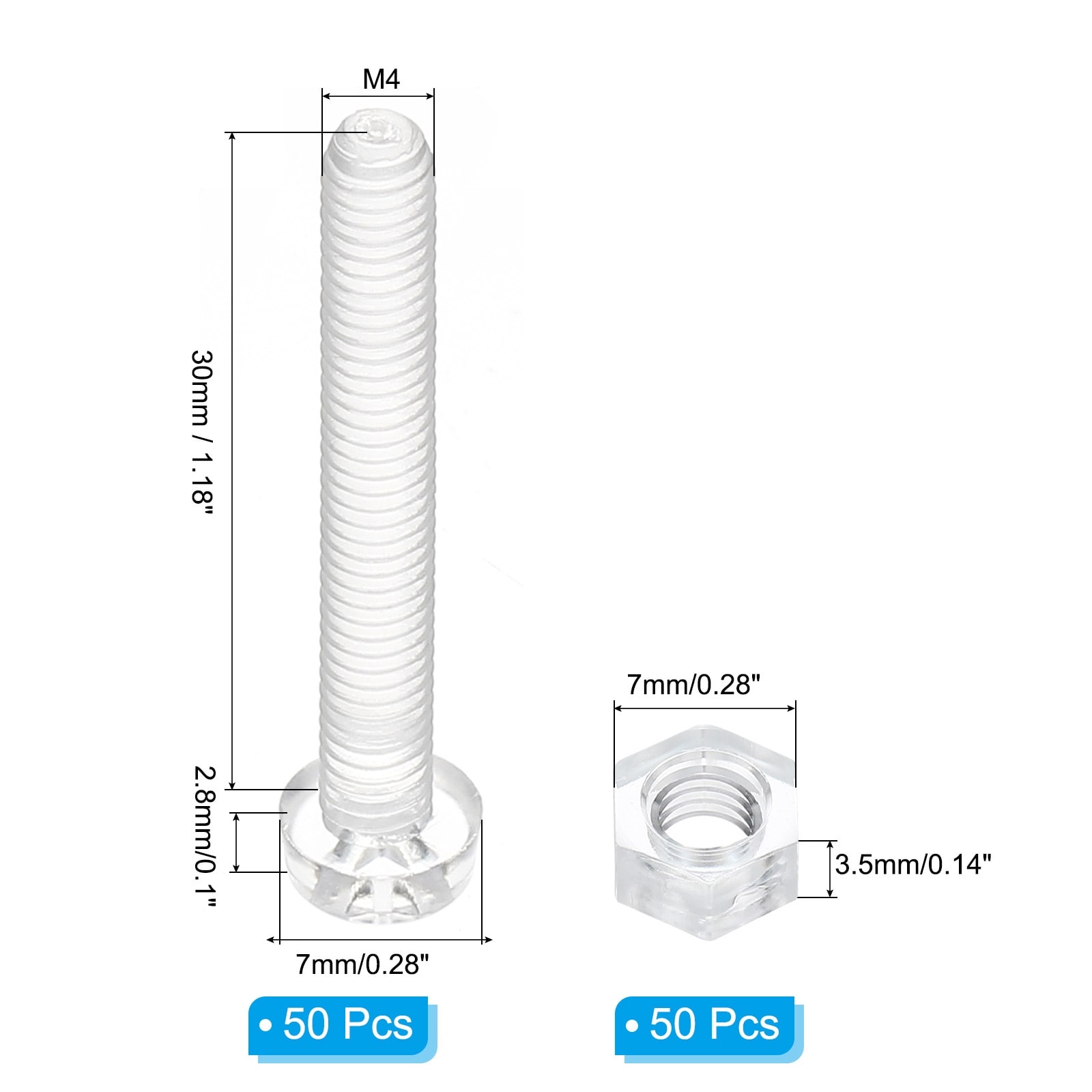 Clear Acrylic Screws and Hex Nuts Kit, PC Plastic Phillips Round Head Bolts - Transparent