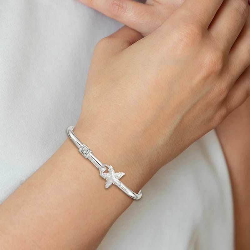 Curata 925 Sterling Silver 7" Textured Nautical Starfish Hook Bangle Bracelet