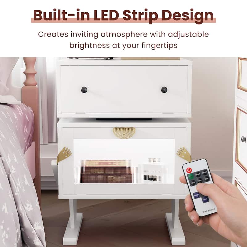 Nightstand with Rotating Drawer and LED Light Strip