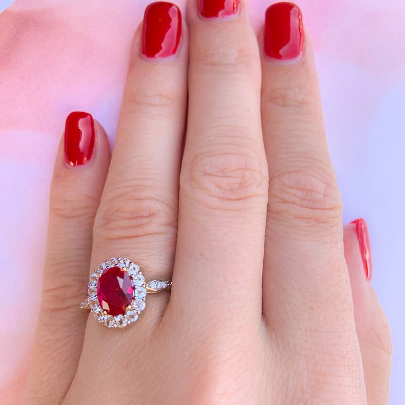 Miadora 14k Yellow Gold Oval-cut Created Ruby, White Topaz and Diamond Accent Halo Cocktail Ring
