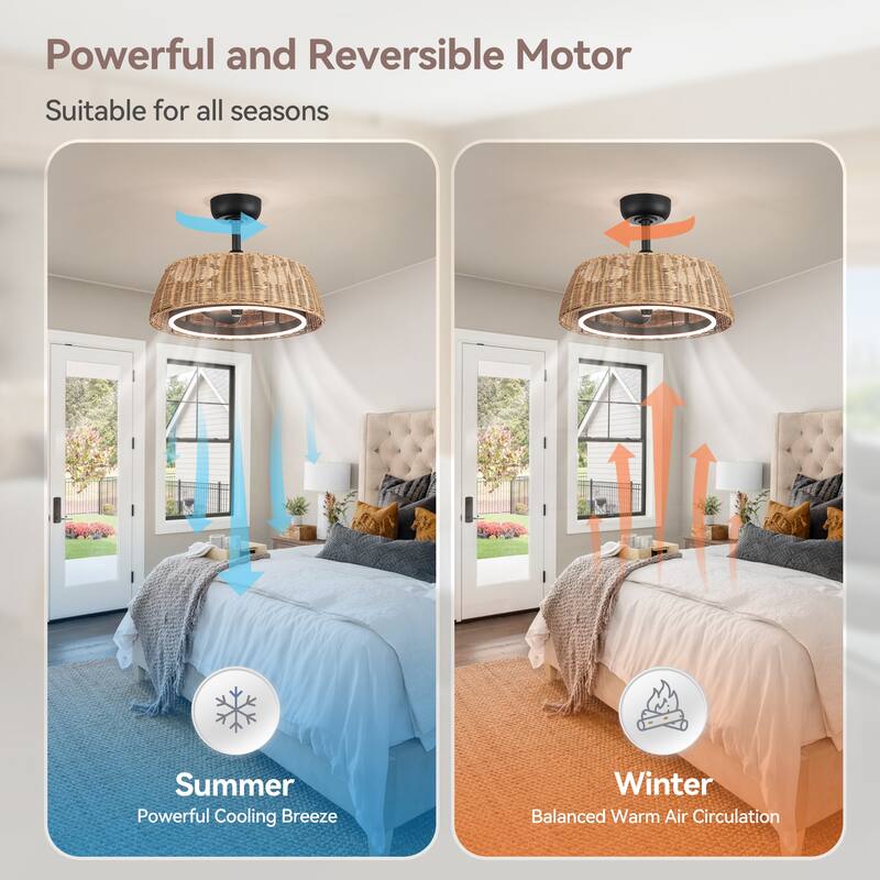 20" Rattan Caged Ceiling Fan with Dimmable LED Light and Remote(3-Blade)