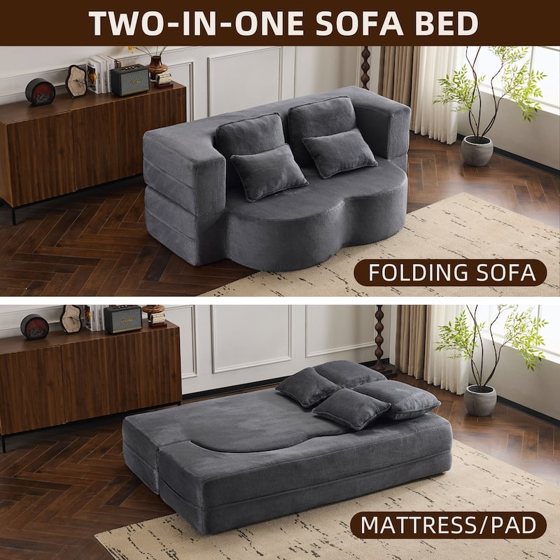 Folding Plush Futon Loveseat Couch Converts into Sleeper Sofa Bed or Yoga Mattress, High-Density Foam Queen Size Floor Bed