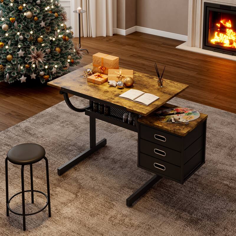 Black drafting drawing table with stool and 3 drawers