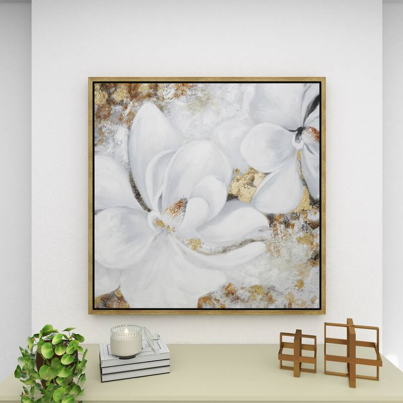 White Canvas Handmade Floral Framed Wall Art with Gold Frame