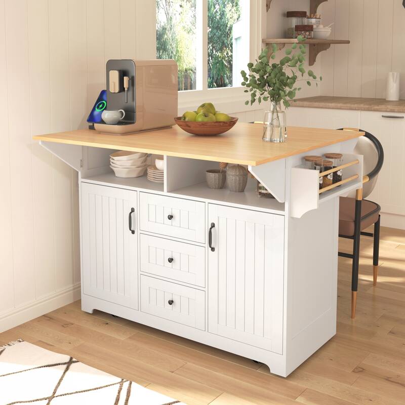 Rolling Kitchen Cart on 5 Wheels with Power Outlet, Folding Storage Dining Table with Spice & Towel Rack