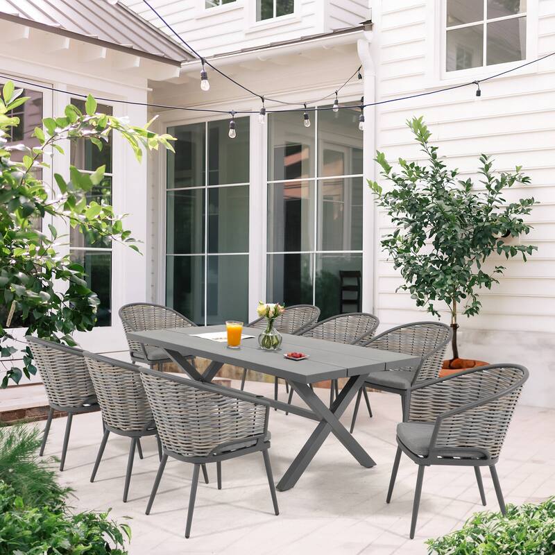Patio 9 pieces Aluminum Cushioned Dining Set - Grey