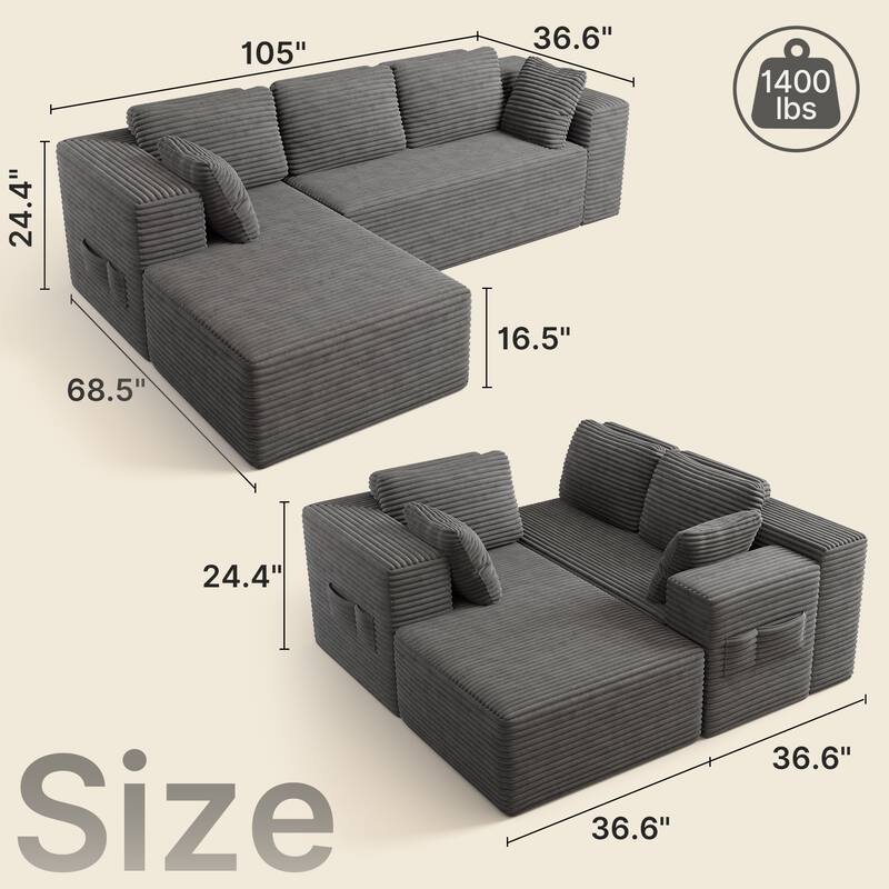 105" Cloud Sectional Couch with L-Shape Chaise, Modular Boneless Sofa, Upholstered Corduroy Couch