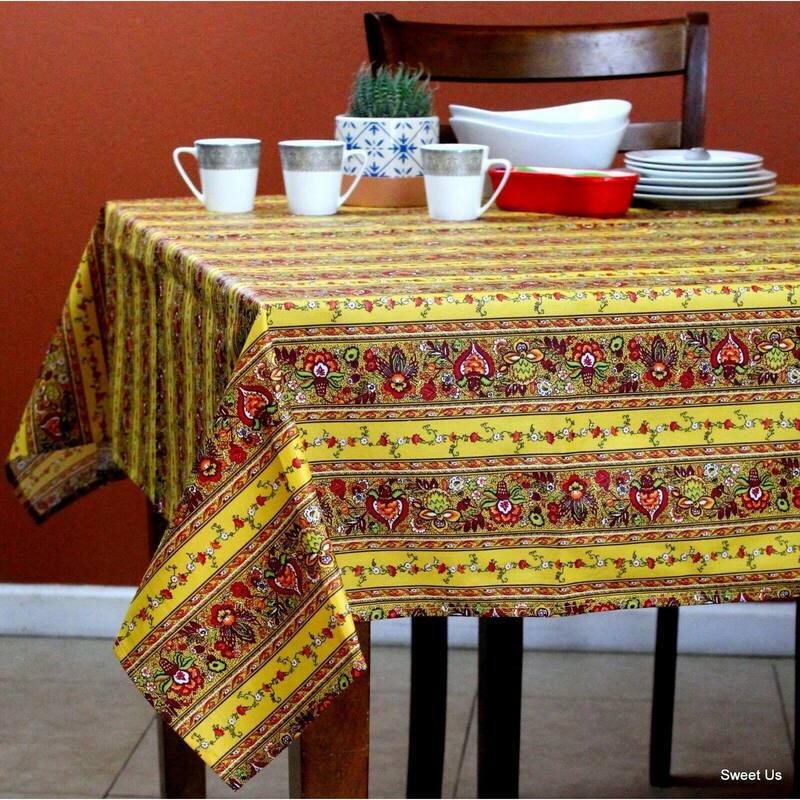 Wipeable Tablecloth Spill Resistant Cotton French Indienne Fleur - 60 x 78 in - Yellow