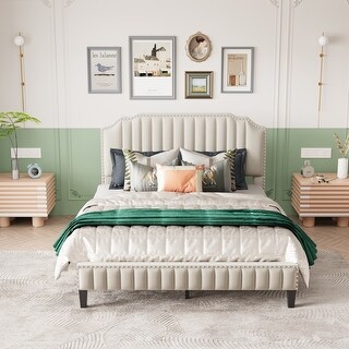 Queen Linen Curved Upholstered Platform Bed - Bed Bath & Beyond - 39075526