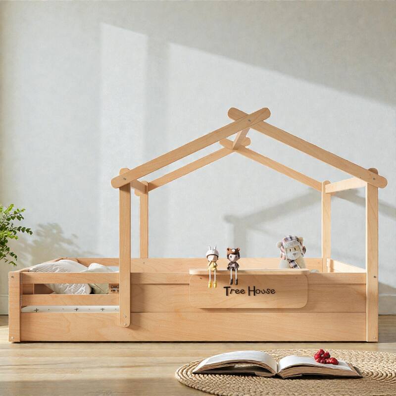 Kids House Floor Bed with Guardrails and Roof, Built-in Tray and Signboard, Montessori Floor Bed for Toddlers - Natural - Queen