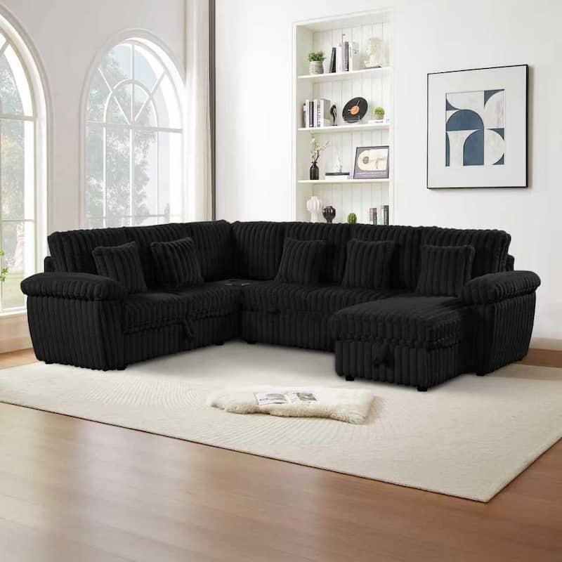 U-Shaped Corduroy Sectional Sofa with Storage Chaise & Pull-Out Bed, Upholstered Corner Sofa with Cup Holder & USB Port - Black