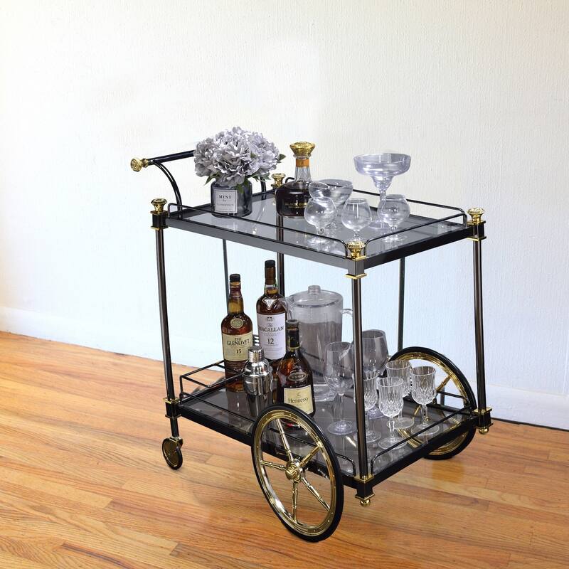 Metal Framed Serving Cart with Tempered Glass Shelves and Side Handle, Black and Clear