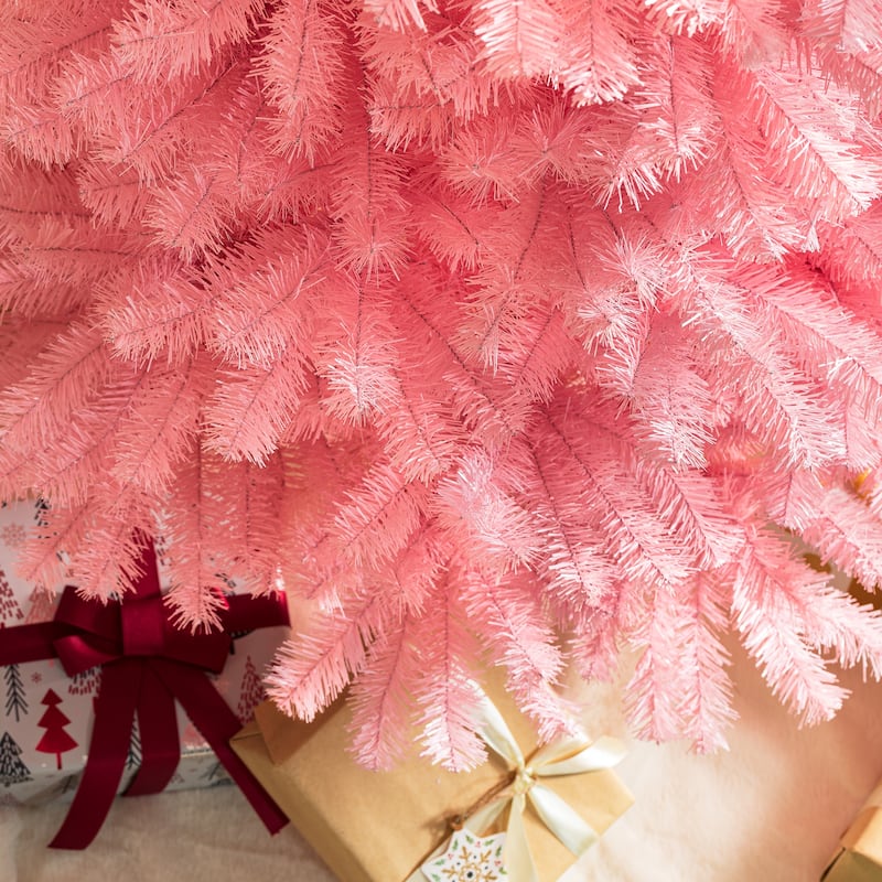 Glitzhome 7.5ft/9ft Shimmering Tinsel Pink Slim Pencil Fir Artificial Christmas Trees