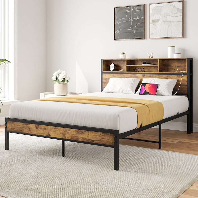 Full Size Bed Frame with Storage Headboard